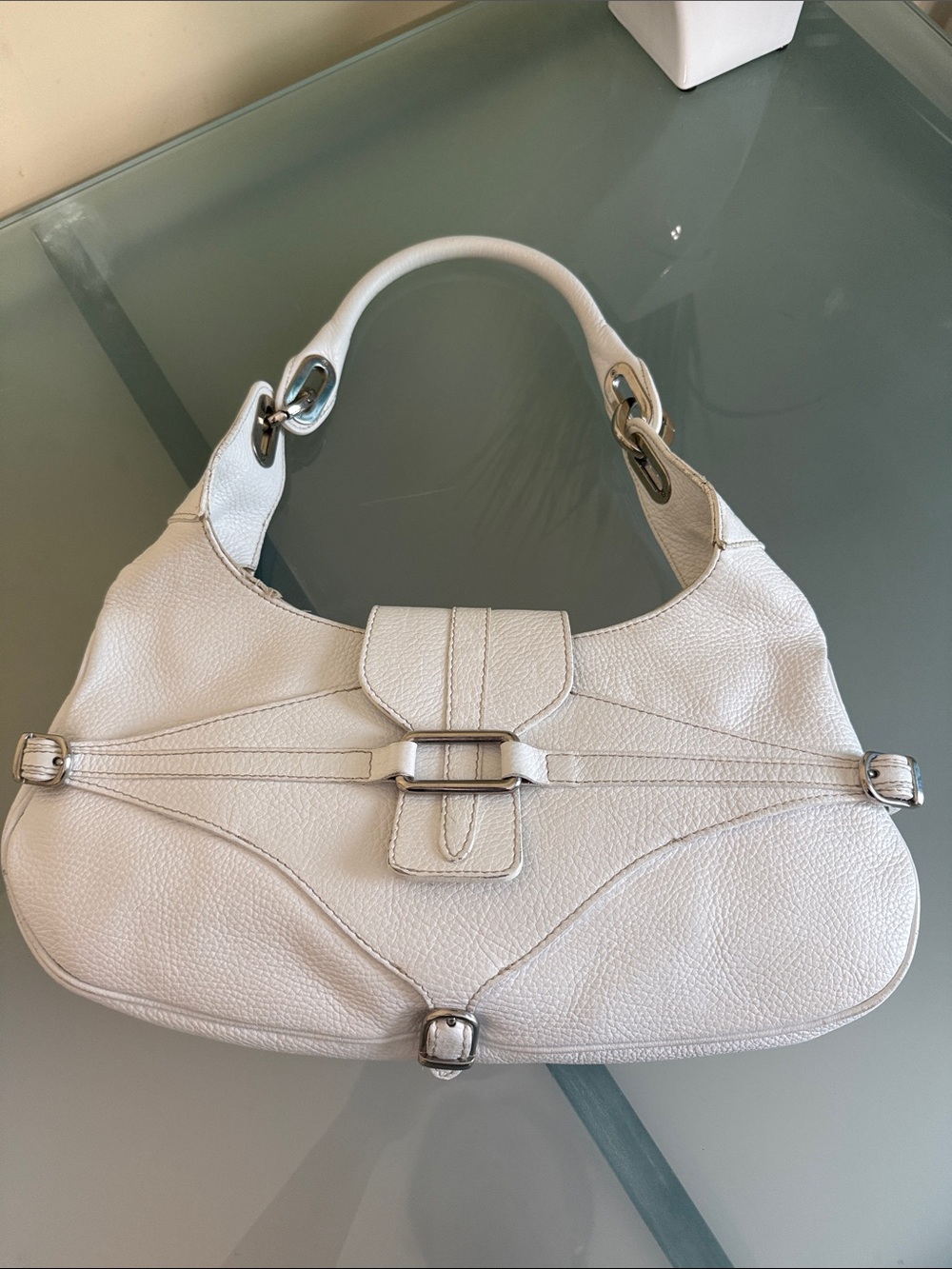 Gula’s White Leather Hobo Bag Made in Italy Silver Hardware Euro Chic Luxury